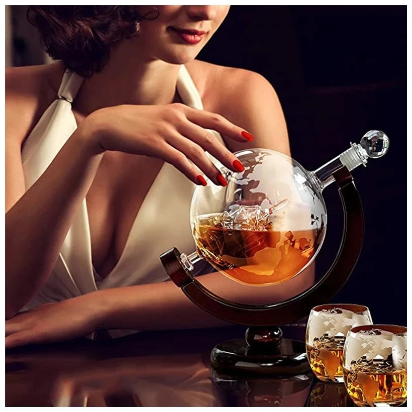 ALDO Home & Kitchen>Cups, Mugs, & Saucers New / Borosilicate Glass / 5" W x 9.5" Inches long Globe Crystal Led Free Glass Decanter Bottle With Ship Inside Two Glasses and Holder Set For Liquor Wine Whisky Vodka