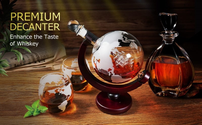 ALDO Home & Kitchen>Cups, Mugs, & Saucers New / Borosilicate Glass / 5" W x 9.5" Inches long Globe Crystal Led Free Glass Decanter Bottle With Ship Inside Two Glasses and Holder Set For Liquor Wine Whisky Vodka