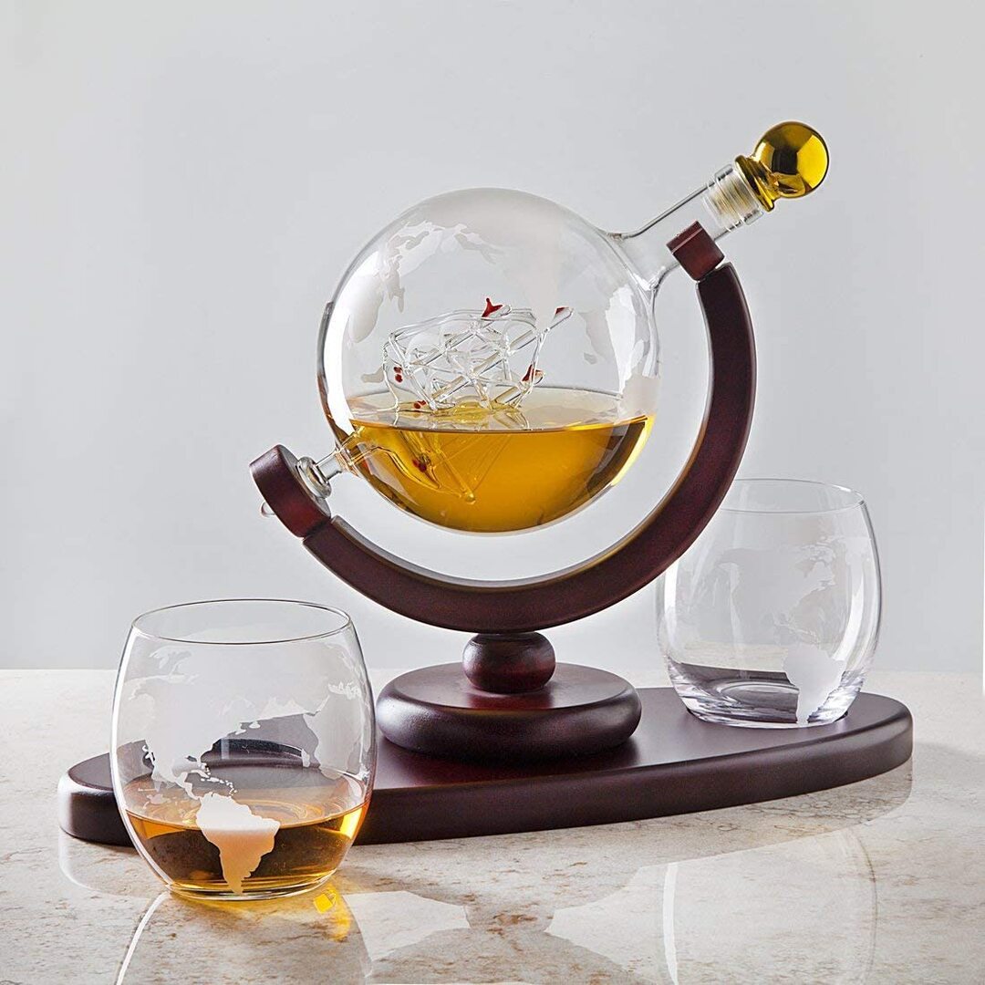 ALDO Home & Kitchen>Cups, Mugs, & Saucers New / Borosilicate Glass / 5" W x 9.5" Inches long Globe Crystal Led Free Glass Decanter Bottle With Ship Inside Two Glasses and Holder Set For Liquor Wine Whisky Vodka