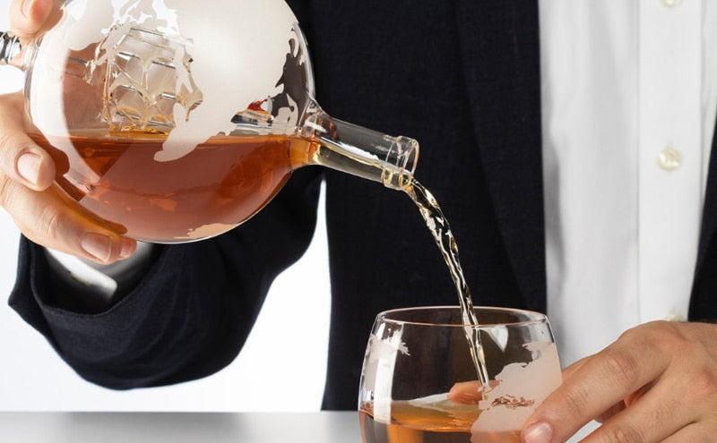 ALDO Home & Kitchen>Cups, Mugs, & Saucers New / Borosilicate Glass / 5" W x 9.5" Inches long Globe Crystal Led Free Glass Decanter Bottle With Ship Inside Two Glasses and Holder Set For Liquor Wine Whisky Vodka