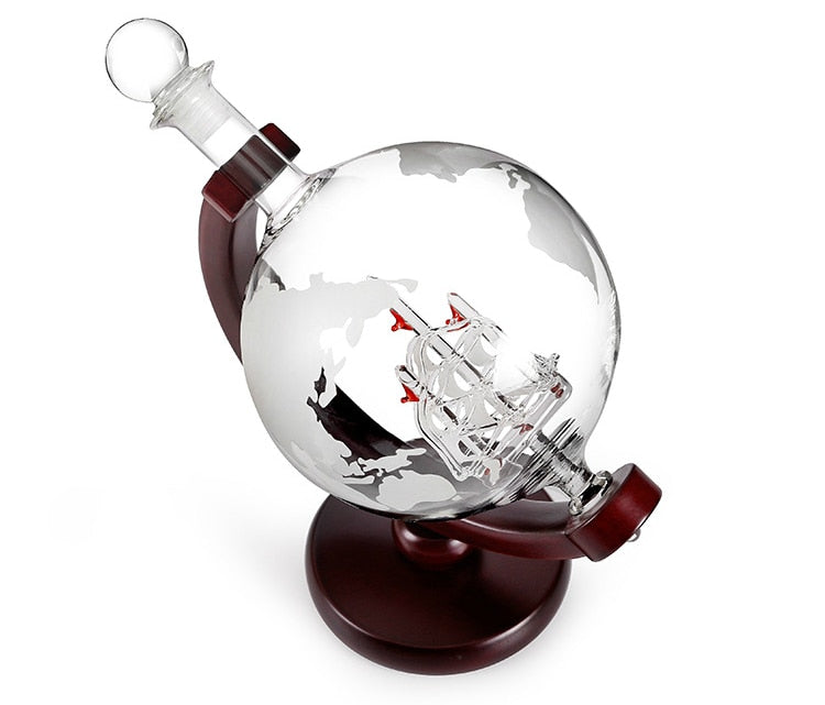 ALDO Home & Kitchen>Cups, Mugs, & Saucers New / Borosilicate Glass / 5" W x 9.5" Inches long Globe Crystal Led Free Glass Decanter Bottle With Ship Inside Two Glasses and Holder Set For Liquor Wine Whisky Vodka