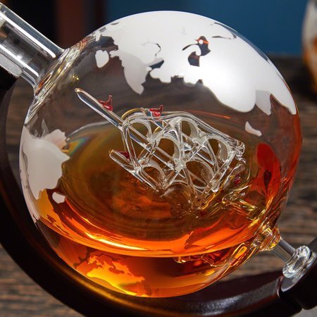 ALDO Home & Kitchen>Cups, Mugs, & Saucers New / Borosilicate Glass / 5" W x 9.5" Inches long Globe Crystal Led Free Glass Decanter Bottle With Ship Inside Two Glasses and Holder Set For Liquor Wine Whisky Vodka