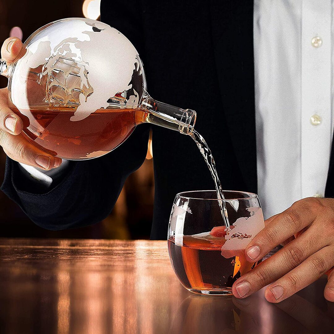 ALDO Home & Kitchen>Cups, Mugs, & Saucers New / Borosilicate Glass / 5" W x 9.5" Inches long Globe Crystal Led Free Glass Decanter Bottle With Ship Inside Two Glasses and Holder Set For Liquor Wine Whisky Vodka