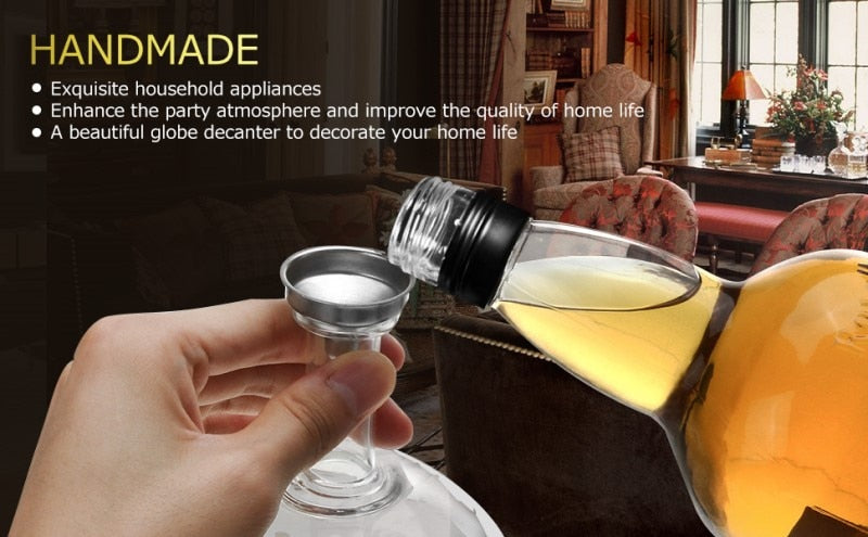 ALDO Home & Kitchen>Cups, Mugs, & Saucers New / Borosilicate Glass / 5" W x 9.5" Inches long Globe Crystal Led Free Glass Decanter Bottle With Ship Inside Two Glasses and Holder Set For Liquor Wine Whisky Vodka