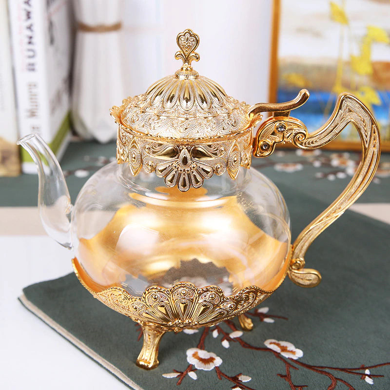 ALDO Home & Kitchen>Cups, Mugs, & Saucers New Gold Glass Tea Coffee Pot / Glass and Zinc Alloy / Coffee Tea Pot Gold 9" toll x 9" wide European Exquisite Glass Cups with Gold Saucer ,Spoons and Coffee Pot For Tea or Coffee and Tea