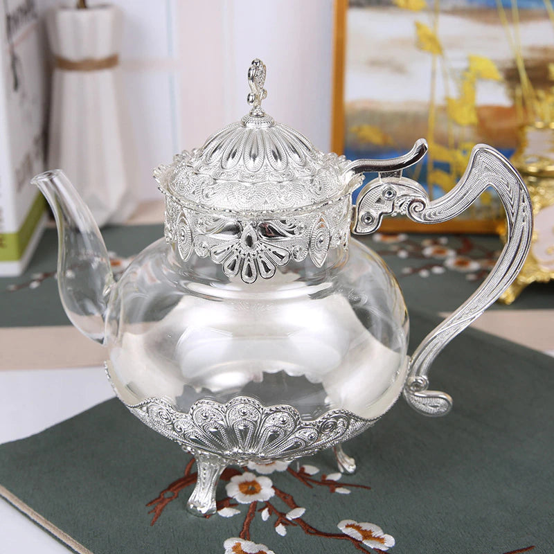 ALDO Home & Kitchen>Cups, Mugs, & Saucers New Silver Glass Tea Coffee Pot / Glass and Zinc Alloy / Coffee Tea Pot Silver 9" toll x 9" wide European Exquisite Glass Cups with Gold Saucer ,Spoons and Coffee Pot For Tea or Coffee and Tea