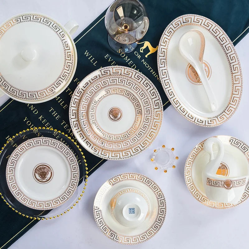 ALDO Home & Kitchen>Dinner Set Luxury Versace Style Fine Porcelain Bone China Porcelain Dinner 60 pies Sets With Real Gold Leafs