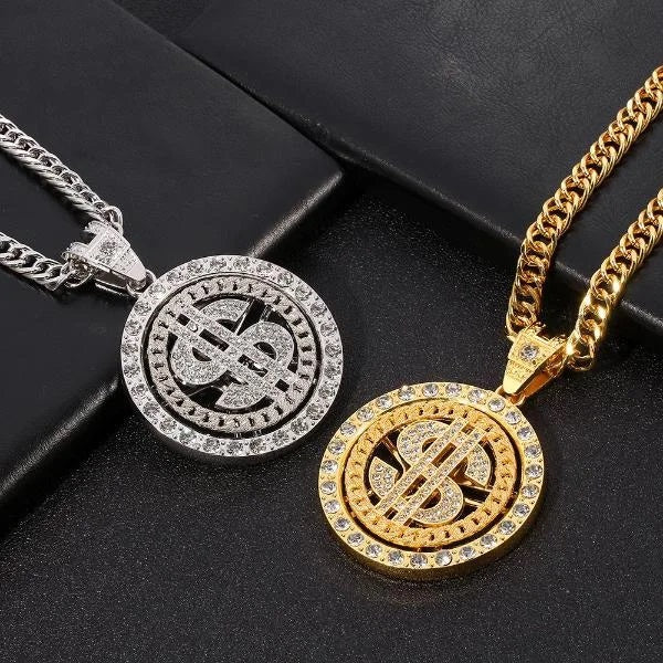 ALDO Jewelry 24 Karat Gold Plated Rotation Dollar Money Cubic Zirconia Pendant Necklace For Good Fortune and Financial success for Man and Woman