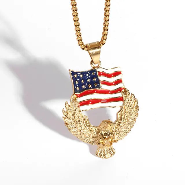 ALDO Jewelry American Golden Eagle Wing with American Flag Patriotic Pendant Necklace for Men and Woman