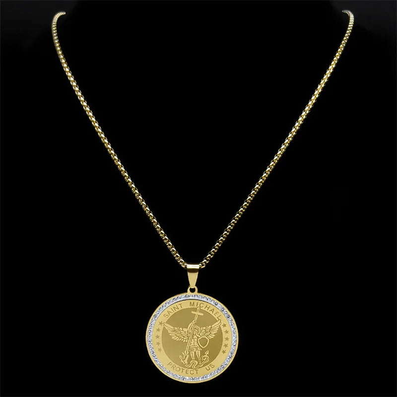 ALDO Jewelry Archangel Saint Michael Stainless Steel Amulet Medal Pendant Necklace with Rhinesstones for Protection Men and Women