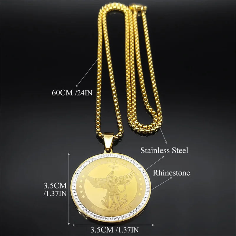 ALDO Jewelry Archangel Saint Michael Stainless Steel Amulet Medal Pendant Necklace with Rhinesstones for Protection Men and Women