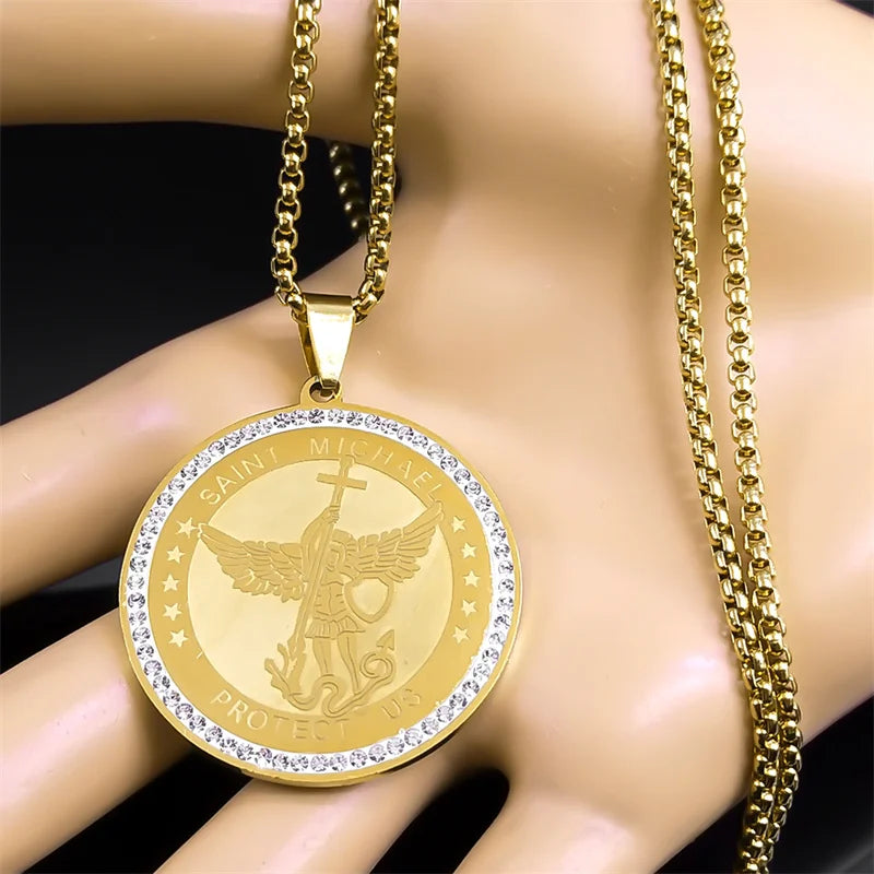 ALDO Jewelry Archangel Saint Michael Stainless Steel Amulet Medal Pendant Necklace with Rhinesstones for Protection Men and Women