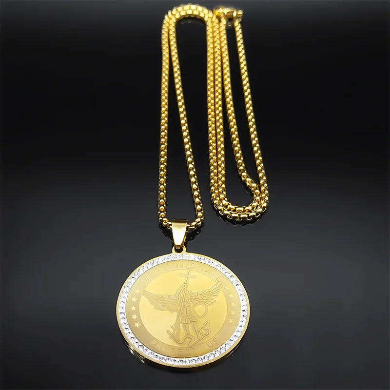 ALDO Jewelry Archangel Saint Michael Stainless Steel Amulet Medal Pendant Necklace with Rhinesstones for Protection Men and Women