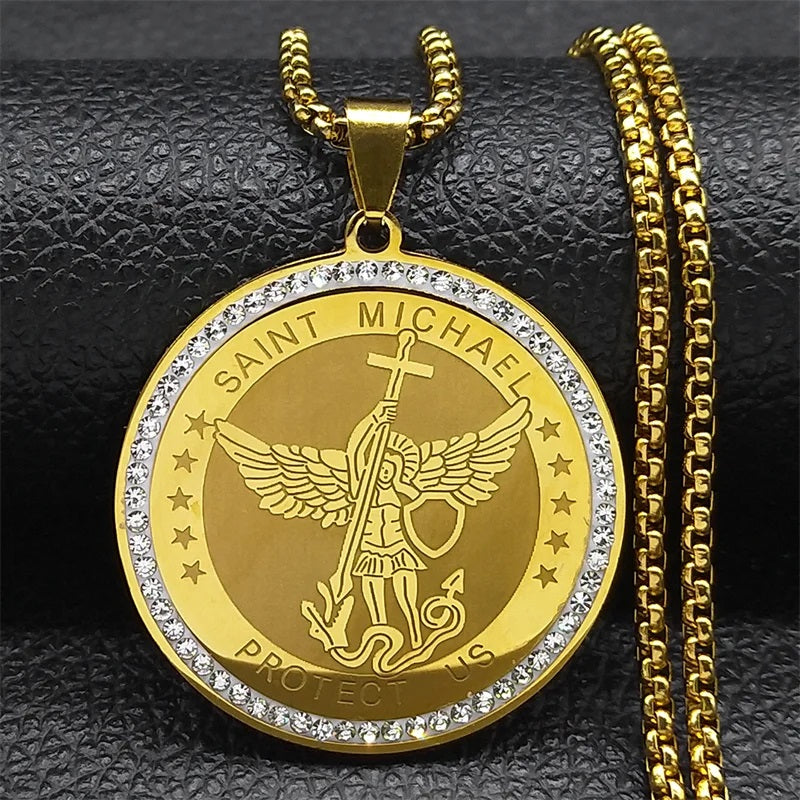 ALDO Jewelry Archangel Saint Michael Stainless Steel Amulet Medal Pendant Necklace with Rhinesstones for Protection Men and Women