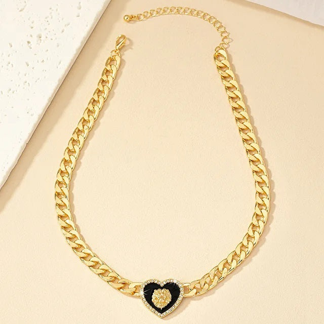 ALDO Jewelry Gold-plated Lion Head Enamel  Heart Shaped Amulet Collar Choker with Rhinestone for Woman