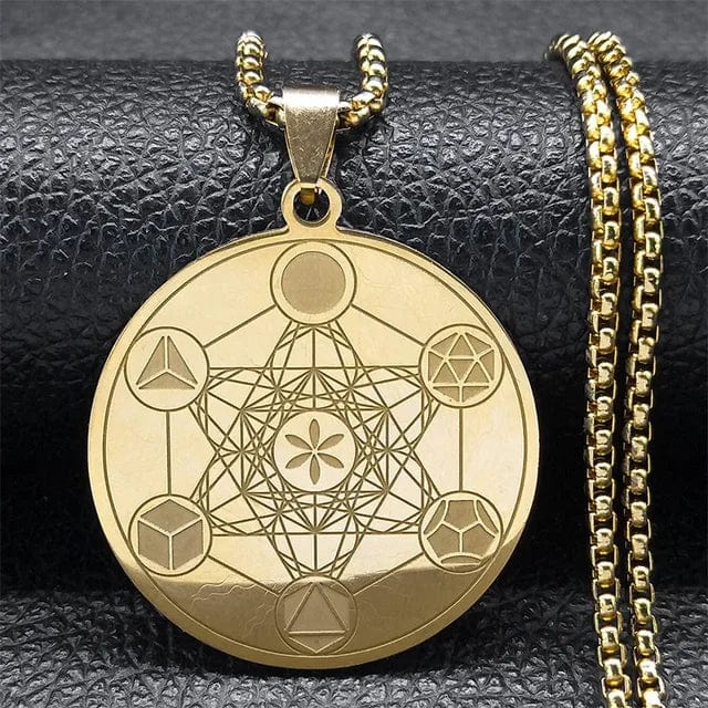 ALDO Jewelry Gold Round Diameter 60 Cm Yoga Sacred Geometry Metatron Cube Angel Seal Necklace Pendant Good Health Protection and Great Fortune for Woman