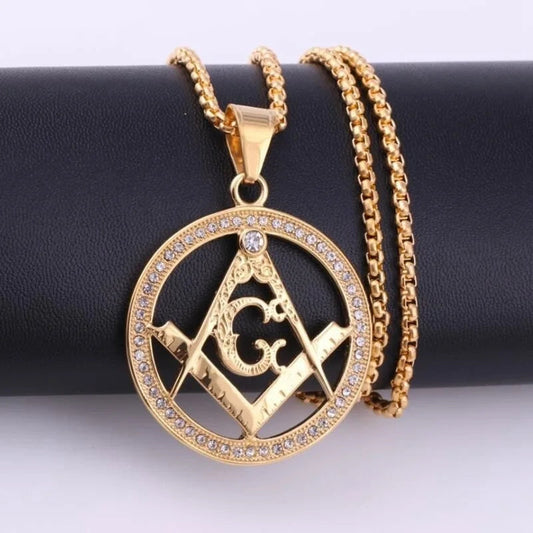 ALDO Jewelry Masonic Round Pendant Necklace with Rainstones For Good Fortune for Man and Woman