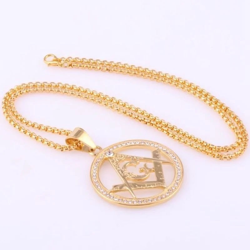 ALDO Jewelry Masonic Round Pendant Necklace with Rainstones For Good Fortune for Man and Woman