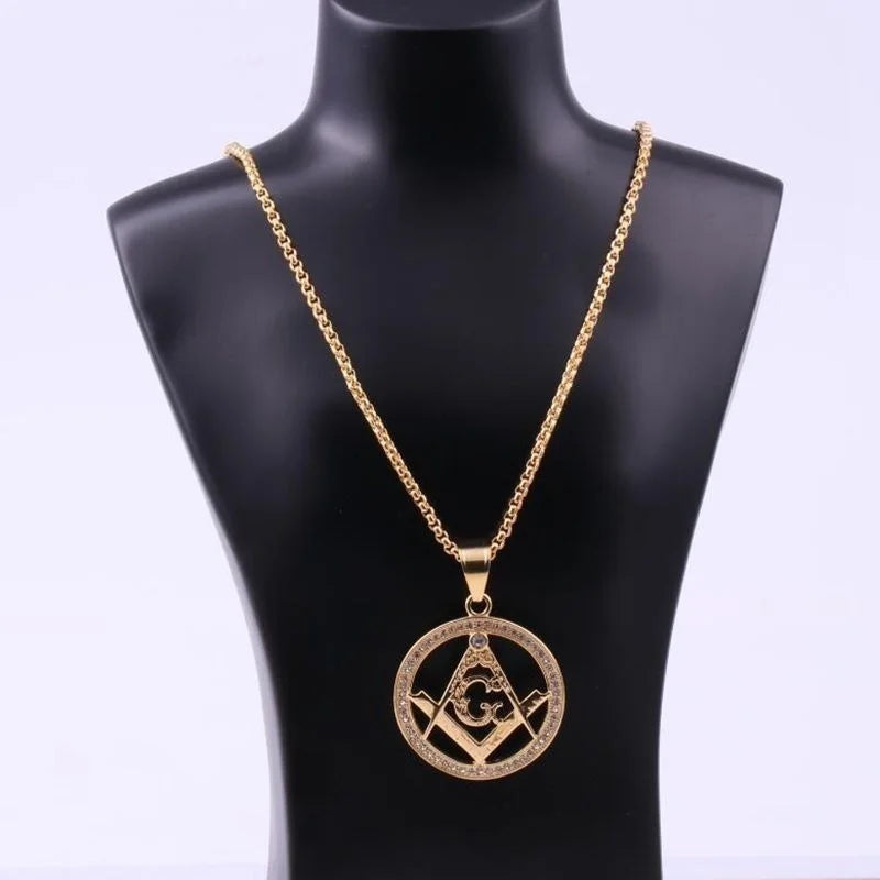 ALDO Jewelry Masonic Round Pendant Necklace with Rainstones For Good Fortune for Man and Woman