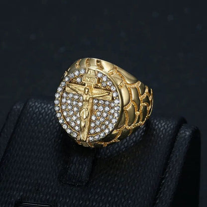 ALDO Jewelry Ring with Cross and Jesus Crist and Rhinestones Gold Color Amulet for Men