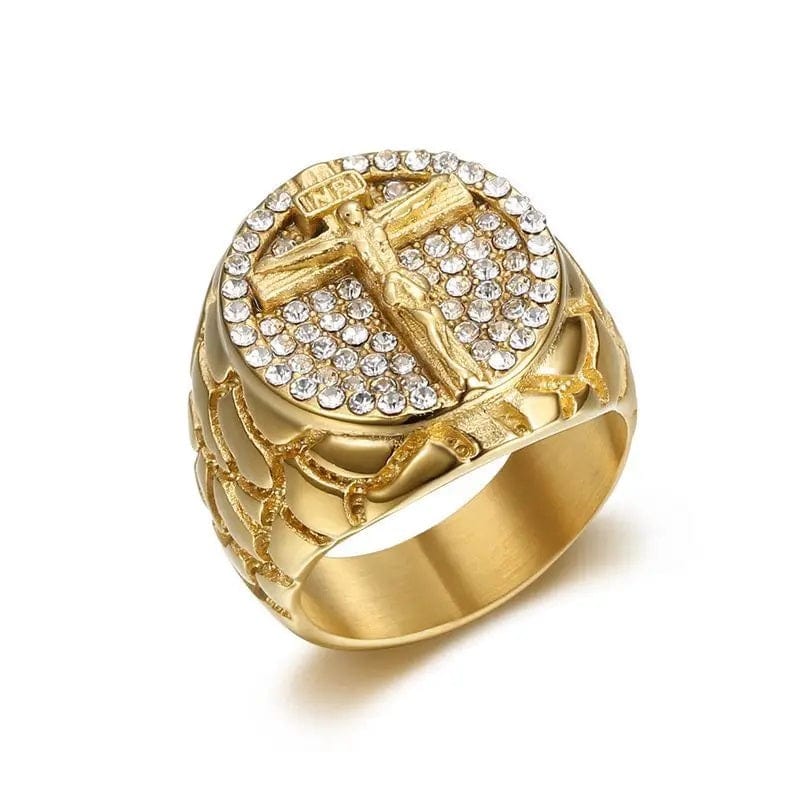ALDO Jewelry Ring with Cross and Jesus Crist and Rhinestones Gold Color Amulet for Men