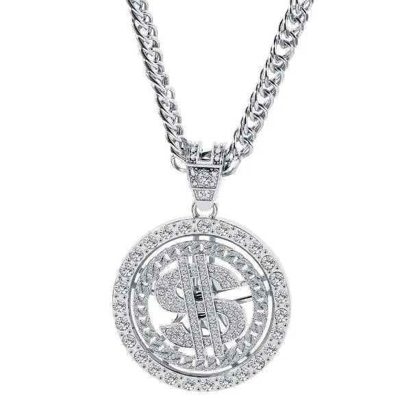 ALDO Jewelry Silver Plated 24 Karat Gold Plated Rotation Dollar Money Cubic Zirconia Pendant Necklace For Good Fortune and Financial success for Man and Woman