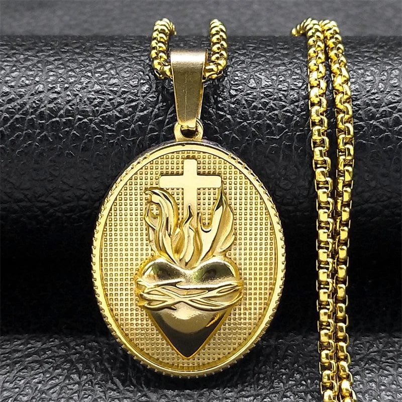 ALDO Jewelry Vintage Christian Sacred Heart of Jesus Cross Stainless Steel Amulet Pendant Necklace for Protection Men and Women