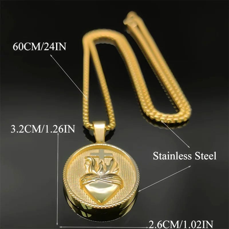 ALDO Jewelry Vintage Christian Sacred Heart of Jesus Cross Stainless Steel Amulet Pendant Necklace for Protection Men and Women