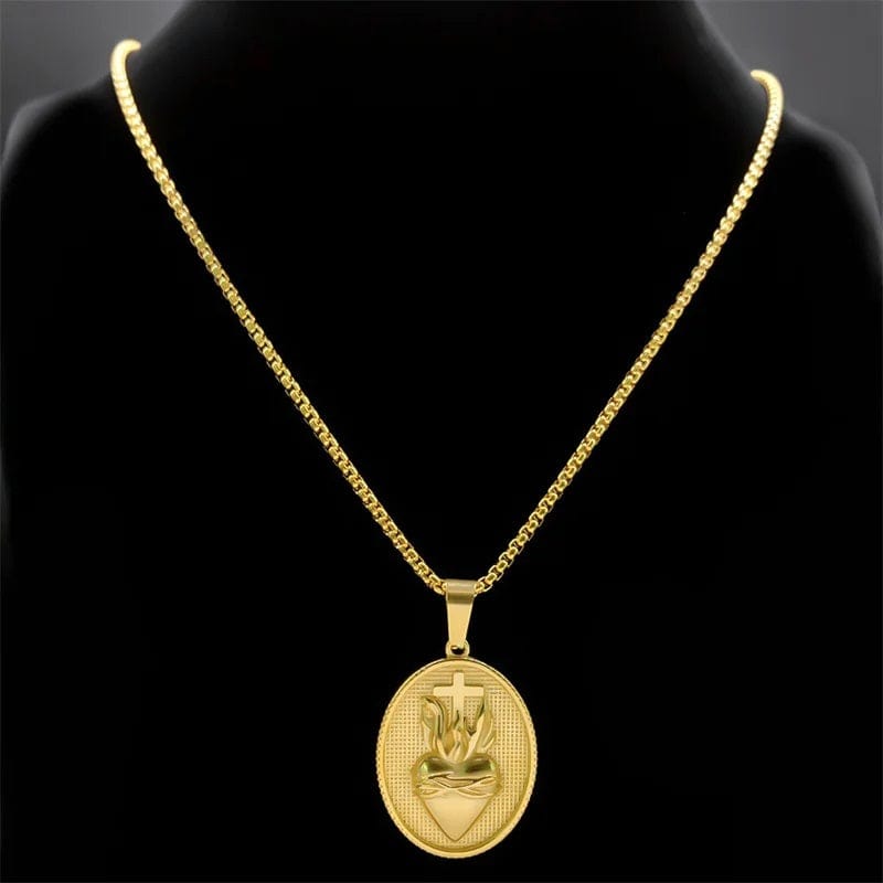 ALDO Jewelry Vintage Christian Sacred Heart of Jesus Cross Stainless Steel Amulet Pendant Necklace for Protection Men and Women