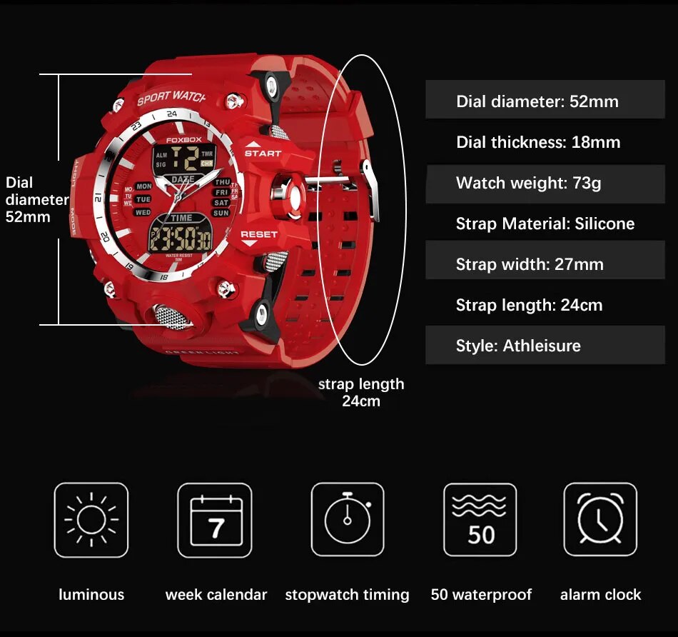ALDO Jewelry > Watches FOXBOX Red Sports Military Quartz Watch Waterproof Digital Dual Display For Man