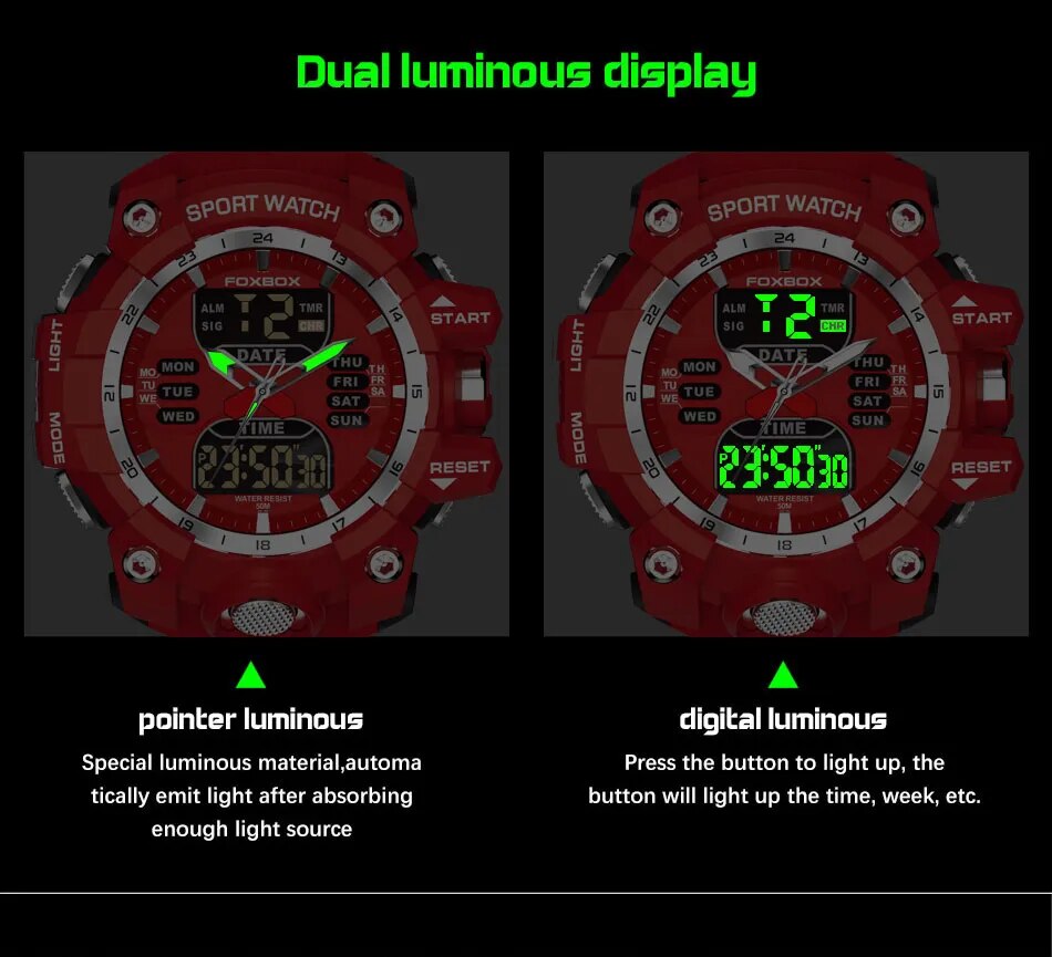 ALDO Jewelry > Watches FOXBOX Red Sports Military Quartz Watch Waterproof Digital Dual Display For Man