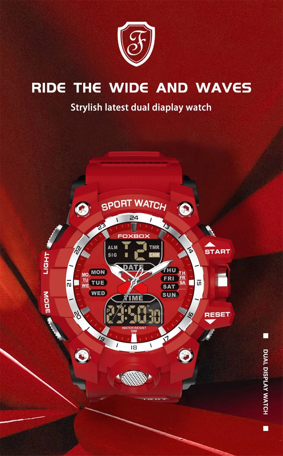 ALDO Jewelry > Watches FOXBOX Red Sports Military Quartz Watch Waterproof Digital Dual Display For Man