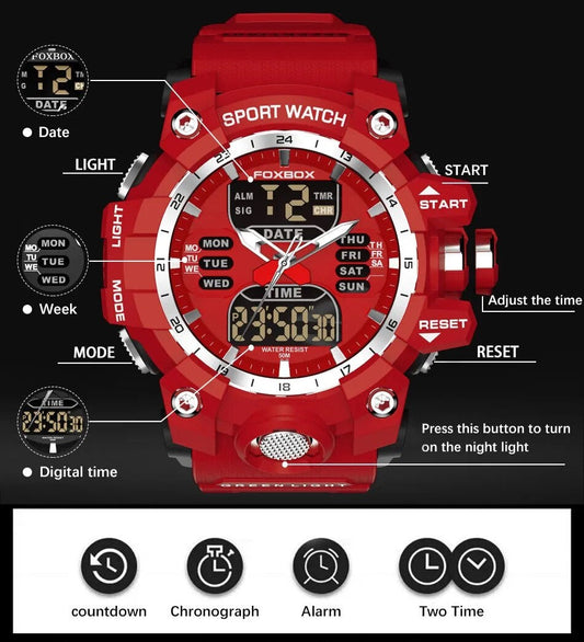 ALDO Jewelry > Watches FOXBOX Red Sports Military Quartz Watch Waterproof Digital Dual Display For Man