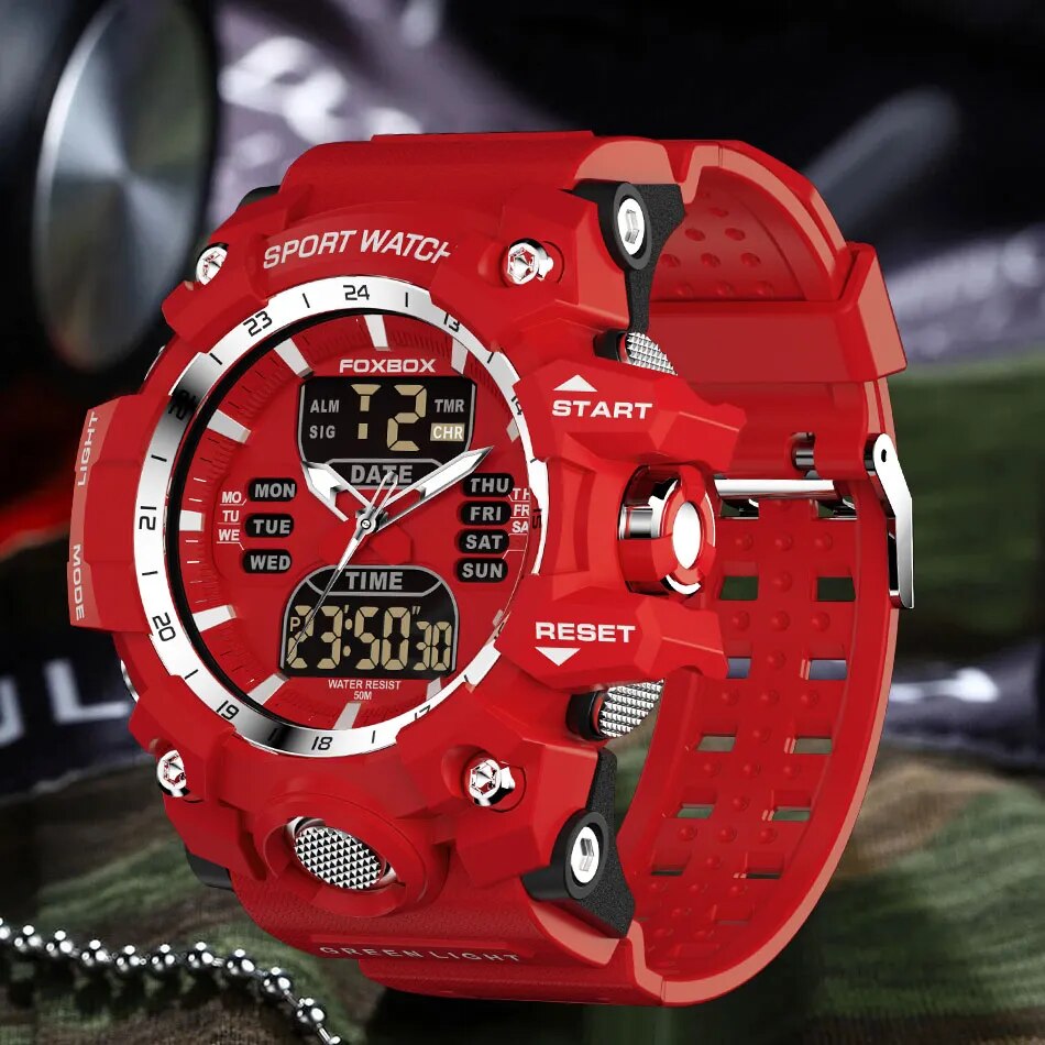 ALDO Jewelry > Watches FOXBOX Red Sports Military Quartz Watch Waterproof Digital Dual Display For Man