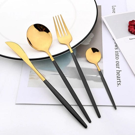 ALDO Kitchen & Dining / Tableware / 24pcs Black Gold Silver Upscale Tableware Dinnerware Stainless Steel Cutlery Sets In Gift Box