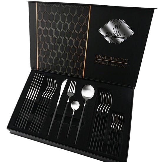 ALDO Kitchen & Dining / Tableware / 24pcs Black Gold Silver Upscale Tableware Dinnerware Stainless Steel Cutlery Sets In Gift Box