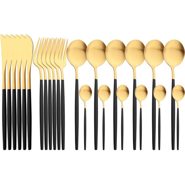 ALDO Kitchen & Dining / Tableware / 24pcs Black Gold Silver Upscale Tableware Dinnerware Stainless Steel Cutlery Sets In Gift Box