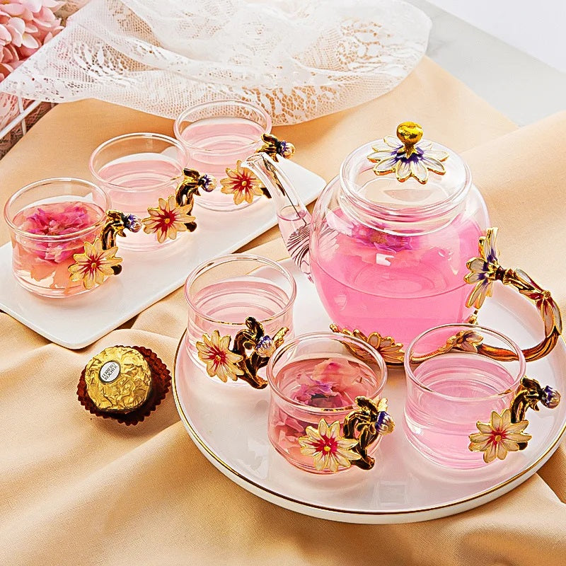 ALDO > Kitchen & Dining > Tableware > Dinnerware 1 Teapot 6 Cups Beautiful Enamel Crystal Tea Set and Daisy Glass Teapot
