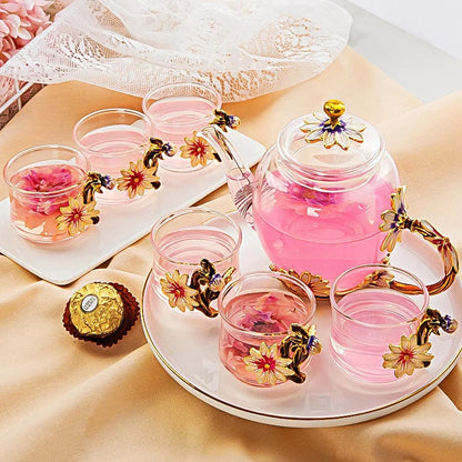 ALDO ‎> Kitchen & Dining > Tableware > Dinnerware 1 Teapot 6 Cups Beautiful Enamel Crystal Tea Set and Daisy Glass Teapot