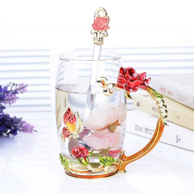 ALDO > Kitchen & Dining > Tableware > Dinnerware Transparent Glass Coffee Tea Mug Blue and Red Roses Heat-Resistant Cup Gift Sets Set with Stainless Steel Spoon and Coaster