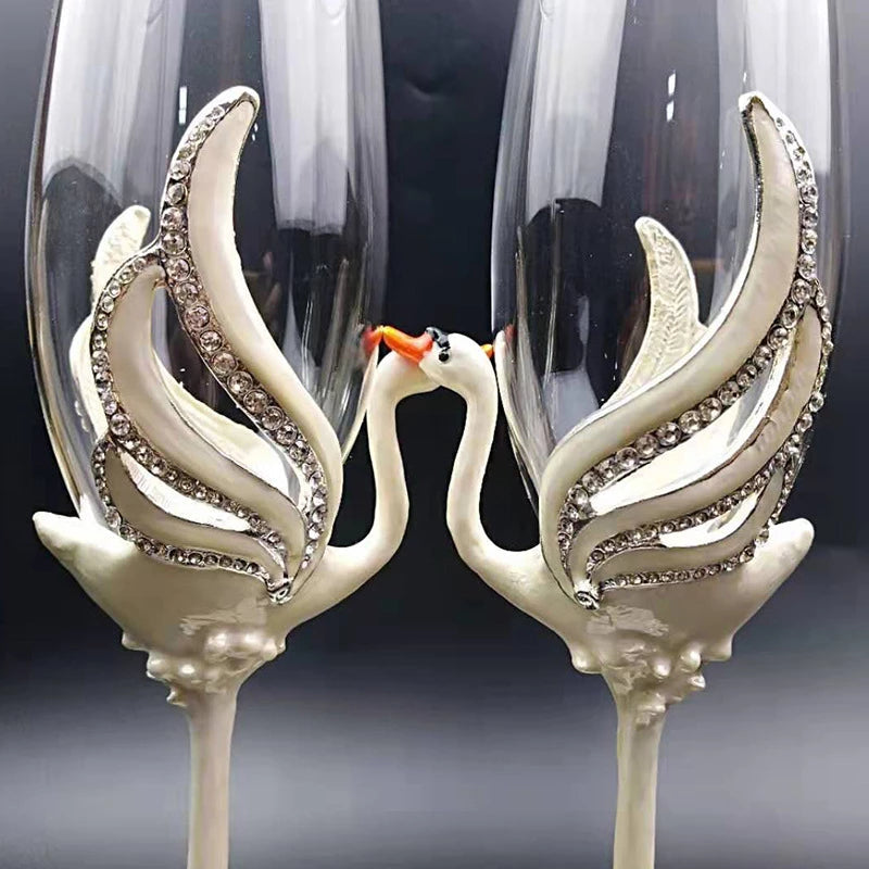 ALDO Kitchen & Dining > Tableware > Drinkware Exquisite Unique Custom Made Swan Wedding Led Free Crystal Champagne Wine Glasses Set of Two