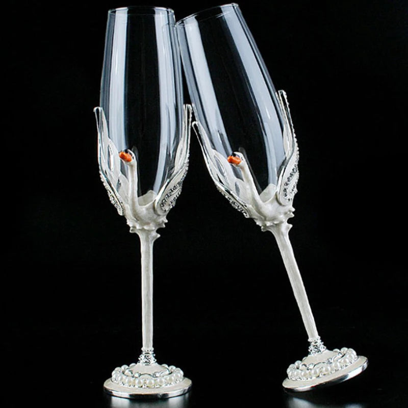 ALDO Kitchen & Dining > Tableware > Drinkware Exquisite Unique Custom Made Swan Wedding Led Free Crystal Champagne Wine Glasses Set of Two