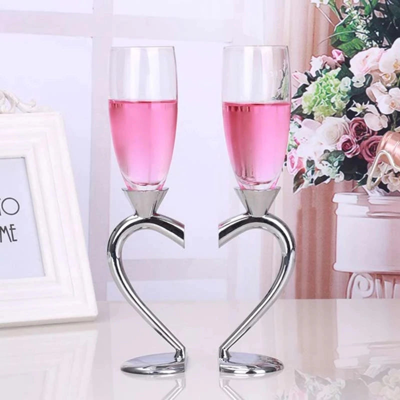 ALDO Kitchen & Dining > Tableware > Drinkware New / Lead free Crystal / 10" inh x 1.9" inch Each Custom Made Two Hearts Wedding Led Free Crystal Champagne Wine Glasses Set of Two