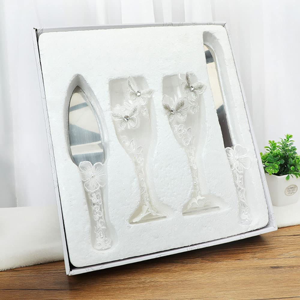 ALDO Kitchen & Dining > Tableware > Drinkware New / Lead free Crystal / 2.5 x 8.4 x 2.5 Inches Eligant Laxury Bride and Groom Dressed In Rhinestone Bridal Set Lead Free Crystal Champagne Wine Glasses with Cake Knife and Shovel