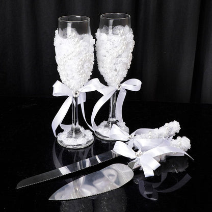 ALDO Kitchen & Dining > Tableware > Drinkware New / Lead free Crystal / 2.5 x 8.4 x 2.5 Inches Eligant Laxury Bride and Groom Dressed In Rhinestone Bridal Set Lead Free Crystal Champagne Wine Glasses with Cake Knife and Shovel