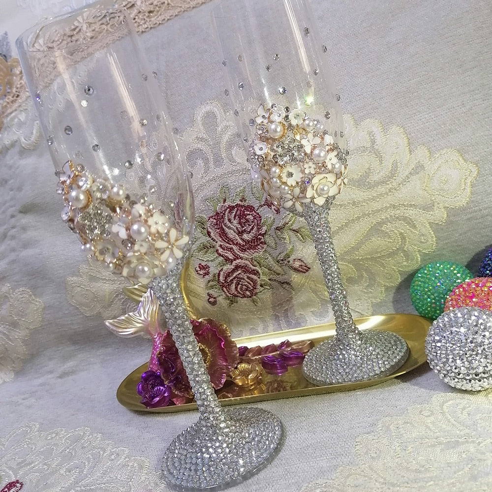 ALDO Kitchen & Dining > Tableware > Drinkware New / Lead free Crystal / transperent Handmade Amazing Bride and Groom Dressed In Rhinestone Led Free Crystal Champagne Wine Glasses Set of Two
