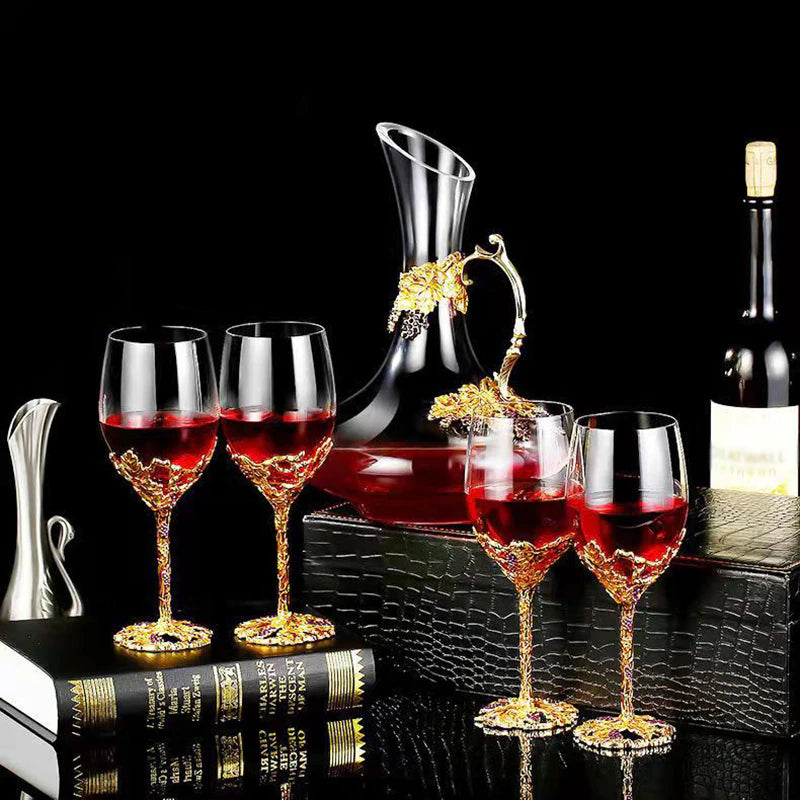 ALDO Kitchen & Dining > Tableware > Drinkware Set of Four Enamel Wine Glass and Wine Decanter Set / Crystal / Wine Glass: 21.5cm x 7cm x 8 cm. Wine Decanter: 27cm x 20 cm x 5.5 cm Golden Grape Vintage Enamel Lead Free Crystal Goblet Wine Glasses and Wine Decanter