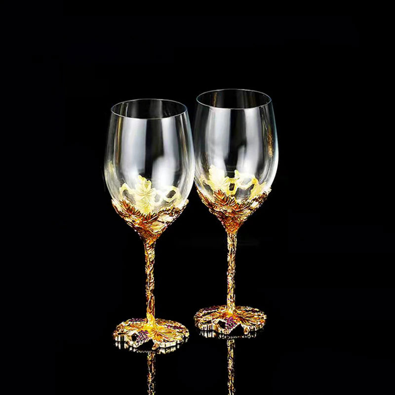 ALDO Kitchen & Dining > Tableware > Drinkware Set of Two Enamel Wine Glass / Crystal / Wine Glass: 21.5cm x 7cm x 8 cm. Wine Decanter: 27cm x 20 cm x 5.5 cm Golden Grape Vintage Enamel Lead Free Crystal Goblet Wine Glasses and Wine Decanter