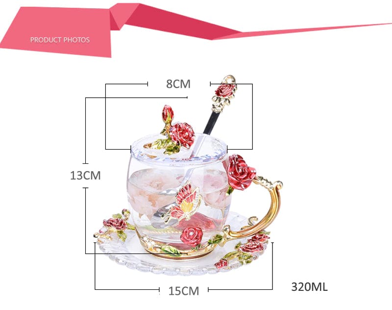 ALDO Kitchen & Dining > Tableware > Drinkware Transparent Vintage Enamel Glass Coffee Tea Mug Red Roses Heat-Resistant Cup Gift Sets Set with Spoon,Cover and Coaster