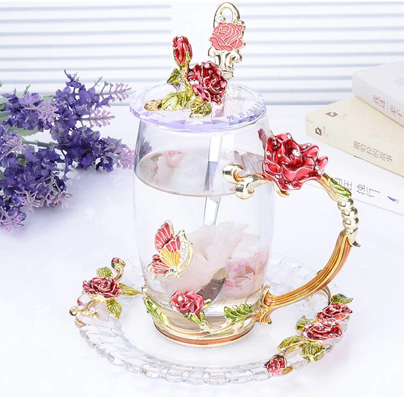 ALDO Kitchen & Dining > Tableware > Drinkware Transparent Vintage Enamel Glass Coffee Tea Mug Red Roses Heat-Resistant Cup Gift Sets Set with Spoon,Cover and Coaster